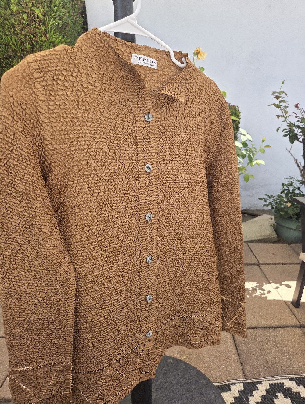 Yoshiki Hishinuma Peplum Camel Tan Top Textured Button-Up Cardigan.